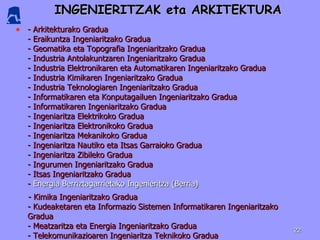 INGENIERITZAK eta ARKITEKTURA - Arkitekturako Gradua - Eraikuntza Ingeniaritzako Gradua - Geomatika eta Topografia Ingeniaritzako Gradua - Industria Antolakuntzaren Ingeniaritzako Gradua - Industria Elektronikaren eta Automatikaren Ingeniaritzako Gradua - Industria Kimikaren Ingeniaritzako Gradua - Industria Teknologiaren Ingeniaritzako Gradua - Informatikaren eta Konputagailuen Ingeniaritzako Gradua - Informatikaren Ingeniaritzako Gradua - Ingeniaritza Elektrikoko Gradua - Ingeniaritza Elektronikoko Gradua - Ingeniaritza Mekanikoko Gradua - Ingeniaritza Nautiko eta Itsas Garraioko Gradua - Ingeniaritza Zibileko Gradua - Ingurumen Ingeniaritzako Gradua - Itsas Ingeniaritzako Gradua -  Energia Berriztagarrietako Ingenieritza (Berria) - Kimika Ingeniaritzako Gradua - Kudeaketaren eta Informazio Sistemen Informatikaren Ingeniaritzako Gradua - Meatzaritza eta Energia Ingeniaritzako Gradua - Telekomunikazioaren Ingeniaritza Teknikoko Gradua 