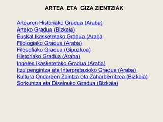 ARTEA ETA GIZA ZIENTZIAK
Artearen Historiako Gradua (Araba)
Arteko Gradua (Bizkaia)
Euskal Ikasketetako Gradua (Araba
Filologiako Gradua (Araba)
Filosofiako Gradua (Gipuzkoa)
Historiako Gradua (Araba)
Ingeles Ikasketetako Gradua (Araba)
Itzulpengintza eta Interpretazioko Gradua (Araba)
Kultura Ondareen Zaintza eta Zaharberritzea (Bizkaia)
Sorkuntza eta Diseinuko Gradua (Bizkaia)
 
