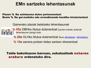 EMn sartzeko lehentasunak
Gainerako plazak betetzeko lehentasunak
% 65a DBHko titulua dutenentzat (aurten bukatu dutenak
lehentasuna izango dute.
% 20a OLHko titulua dutenentzat (ikus afinitateak / afinidades)
% 15a sarrera proben bidez sartzen direnentzat
Plazen % 5a ezintasuna duten pertsonentzat
Beste % 5a goi-mailako edo errendimendu handiko kirolarientzat
Talde bakoitzaren barruan, eskatzaileak notaren
arabera ordenatuko dira.
 