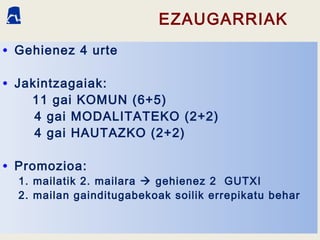 Batxilergoa:EZAUGARRIAK
• Gehienez 4 urte
• Jakintzagaiak:
11 gai KOMUN (6+5)
4 gai MODALITATEKO (2+2)
4 gai HAUTAZKO (2+2)
• Promozioa:
1. mailatik 2. mailara  gehienez 2 GUTXI
2. mailan gainditugabekoak soilik errepikatu behar
 