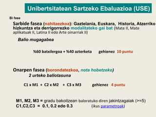 Sarbide fasea (nahitaezkoa): Gaztelania, Euskara, Historia, Atzerriko
hizkuntza eta derrigorrezko modalitateko gai bat (Mate II, Mate
aplikatuak II, Latina II edo Arte oinarriak II)
Balio mugagabea
Onarpen fasea (borondatezkoa, nota hobetzeko)
2 urteko baliotasuna
M1, M2, M3 = gradu bakoitzean baloratuko diren jakintzagaiak (>=5)
C1,C2,C3 = 0.1, 0.2 edo 0.3 (ikus parametroak)
Unibertsitatean Sartzeko Ebaluazioa (USE)
%60 batxilergoa + %40 azterketa gehienez 10 puntu
C1 x M1 + C2 x M2 + C3 x M3 gehienez 4 puntu
Bi fase
 