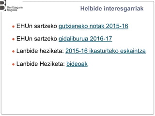 Helbide interesgarriak
● EHUn sartzeko gutxieneko notak 2015-16
● EHUn sartzeko gidaliburua 2016-17
● Lanbide heziketa: 2015-16 ikasturteko eskaintza
● Lanbide Heziketa: bideoak
 