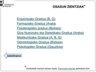 batxilergora
OSASUN ZIENTZIAK*
*Errebalida martxan jartzen bada, Parametro berriak aplikatuko dira
Erizaintzako Gradua (B, G)
Farmaziako Gradua (Araba
Fisioterapiako gradua (Bizkaia)
Giza Nutrizioko eta Dietetikako Gradua (Araba)
Medikuntzako Gradua (A, B, G)
Odontologiako Gradua (Bizkaia)
Psikologiako Gradua (Gipuzkoa)
 