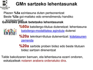 GMn sartzeko lehentasunak
Plazen %5a ezintasuna duten pertsonentzat
Beste %5a goi-mailako edo errendimendu handiko
kirolarientzat
%60a batxilergo-titulua dutenetzat: lehentasuna
batxilergo-modalitatea aginduta dutenei
%20a teknikari-titulua dutenentzat: kidetasunen
zerrenda
%20a sarbide proben bidez edo beste titutuen
bidez sartzen direnentzat
Talde bakoitzaren barruan, eta lehentasuna ezarri ondoren,
eskatzaileak notaren arabera ordenatuko dira.
Gainerako plazak betetzeko lehentasunak
 
