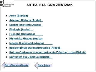 Batx Giza eta Gizarte Batx Artea
ARTEA ETA GIZA ZIENTZIAK
● Artea (Bizkaia)
● Artearen Historia (Araba)
● Euskal Ikasketak (Araba)
● Filologia (Araba)
● Filosofia (Gipuzkoa)
● Historiako Gradua (Araba)
● Ingeles Ikasketetak (Araba)
● Itzulpengintza eta Interpretazioa (Araba)
● Kultura Ondareen Kontserbazioa eta Zaharberritzea (Bizkaia)
● Sorkuntza eta Diseinua (Bizkaia)
 