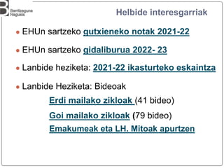 Helbide interesgarriak
● EHUn sartzeko gutxieneko notak 2021-22
● EHUn sartzeko gidaliburua 2022- 23
● Lanbide heziketa: 2021-22 ikasturteko eskaintza
● Lanbide Heziketa: Bideoak
Erdi mailako zikloak (41 bideo)
Goi mailako zikloak (79 bideo)
Emakumeak eta LH. Mitoak apurtzen
 