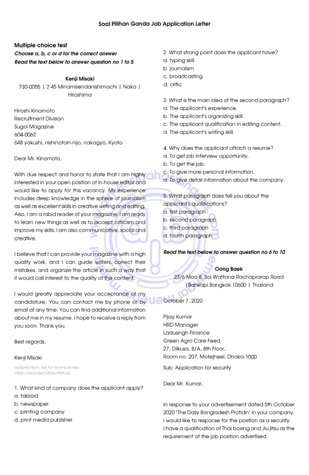 contoh soal job application letter kelas 12