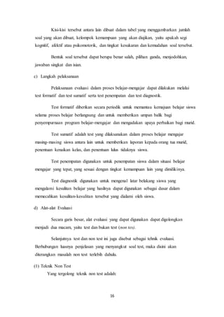 16
Kisi-kisi tersebut antara lain dibuat dalam tabel yang menggambarkan jumlah
soal yang akan dibuat, kelompok kemampuan yang akan diujikan, yaitu apakah segi
kognitif, afektif atau psikomotorik, dan tingkat kesukaran dan kemudahan soal tersebut.
Bentuk soal tersebut dapat berupa benar salah, pilihan ganda, menjodohkan,
jawaban singkat dan isian.
c) Langkah pelaksanaan
Pelaksanaan evaluasi dalam proses belajar-mengajar dapat dilakukan melalui
test formatif dan test sumatif serta test penempatan dan test diagnostik.
Test formatif diberikan secara periodik untuk memantau kemajuan belajar siswa
selama proses belajar berlangsung dan untuk memberikan umpan balik bagi
penyempurnaan program belajar-mengajar dan mengadakan upaya perbaikan bagi murid.
Test sumatif adalah test yang dilaksanakan dalam proses belajar mengajar
masing-masing siswa antara lain untuk memberikan laporan kepada orang tua murid,
penentuan kenaikan kelas, dan penentuan lulus tidaknya siswa.
Test penempatan digunakan untuk penempatan siswa dalam situasi belajar
mengajar yang tepat, yang sesuai dengan tingkat kemampuan lain yang dimilikinya.
Test diagnostik digunakan untuk mengenal latar belakang siswa yang
mengalami kesulitan belajar yang hasilnya dapat digunakan sebagai dasar dalam
memecahkan kesulitan-kesulitan tersebut yang dialami oleh siswa.
d) Alat-alat Evaluasi
Secara garis besar, alat evaluasi yang dapat digunakan dapat digolongkan
menjadi dua macam, yaitu test dan bukan test (non tes).
Selanjutnya test dan non test ini juga disebut sebagai tehnik evaluasi.
Berhubungan luasnya penjelasan yang menyangkut soal test, maka disini akan
diterangkan masalah non test terlebih dahulu.
(1) Teknik Non Test
Yang tergolong teknik non test adalah:
 
