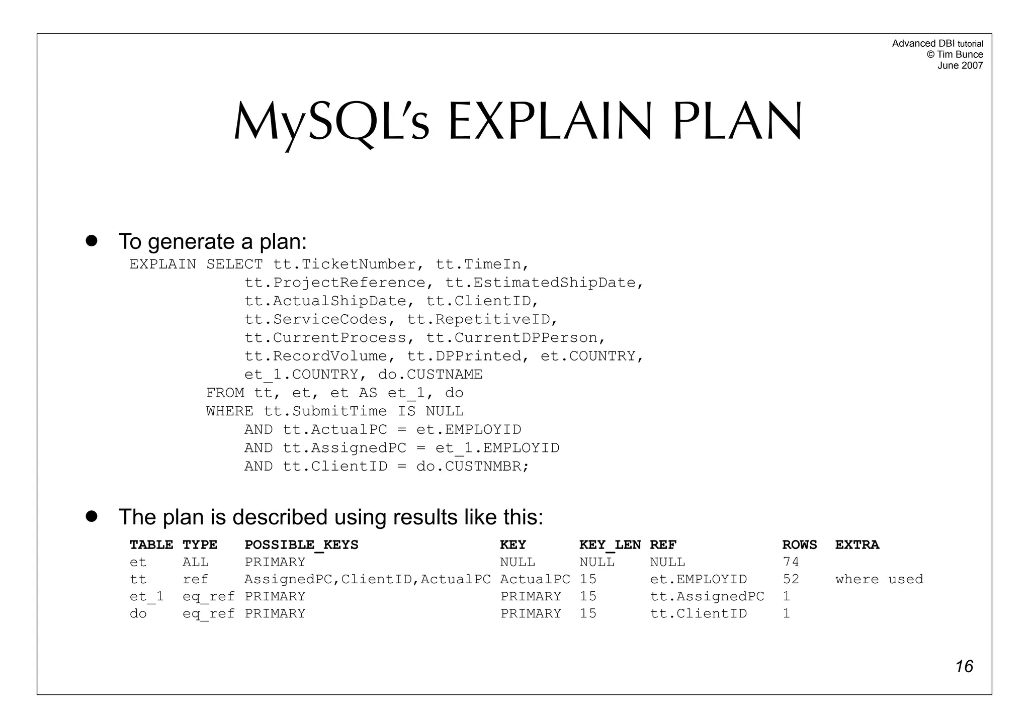 Advanced DBI tutorial
                                                                                                               © Tim Bunce
                                                                                                                  June 2007




                  MySQL’s EXPLAIN PLAN
   To generate a plan:
     EXPLAIN SELECT tt.TicketNumber, tt.TimeIn,
                 tt.ProjectReference, tt.EstimatedShipDate,
                 tt.ActualShipDate, tt.ClientID,
                 tt.ServiceCodes, tt.RepetitiveID,
                 tt.CurrentProcess, tt.CurrentDPPerson,
                 tt.RecordVolume, tt.DPPrinted, et.COUNTRY,
                 et_1.COUNTRY, do.CUSTNAME
             FROM tt, et, et AS et_1, do
             WHERE tt.SubmitTime IS NULL
                 AND tt.ActualPC = et.EMPLOYID
                 AND tt.AssignedPC = et_1.EMPLOYID
                 AND tt.ClientID = do.CUSTNMBR;


   The plan is described using results like this:
     TABLE   TYPE     POSSIBLE_KEYS                  KEY        KEY_LEN   REF             ROWS   EXTRA
     et      ALL      PRIMARY                        NULL       NULL      NULL            74
     tt      ref      AssignedPC,ClientID,ActualPC   ActualPC   15        et.EMPLOYID     52     where used
     et_1    eq_ref   PRIMARY                        PRIMARY    15        tt.AssignedPC   1
     do      eq_ref   PRIMARY                        PRIMARY    15        tt.ClientID     1


                                                                                                                       16
 