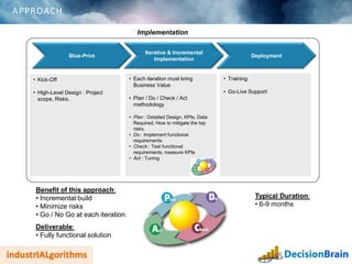 APPROACH
Deliverable:
• Fully functional solution
Blue-Print
Iterative & Incremental
Implementation
Deployment
• Each iteration must bring
Business Value
• Plan / Do / Check / Act
methodology
• Plan : Detailed Design, KPIs, Data
Required, How to mitigate the top
risks.
• Do : Implement functional
requirements
• Check : Test functional
requirements, measure KPIs
• Act : Tuning
• Training
• Go-Live Support
• Kick-Off
• Hlgh-Level Design : Project
scope, Risks.
Benefit of this approach:
• Incremental build
• Minimize risks
• Go / No Go at each iteration
Implementation
Typical Duration:
• 6-9 months
 