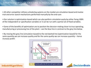 SHORTCOMINGS OF EXISTING SCHEDULING SOLUTIONS
• All other competitor refinery scheduling systems on the market are simulation-based and involve
trial-and-error search mechanisms performed manually by the end-user.
• Our solution is optimization-based which can also perform simulation easily by either fixing 100%
of the independent or specification variables or it can be run with a partial set of fixed variables.
• Some of the benefits of optimization are to position the decision-making closer to true operating,
manufacturing or processing line of the plant – see the blue line in contrast to the grey line below.
• By moving the grey line (simulation-based) to the red-dashed line (optimization-based) for the
same quantity we can increase quality and for the same quality we can increase quantity – hence
increase profit!
 