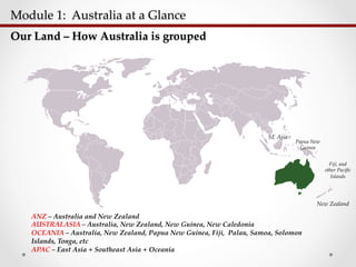 Module  1:    Australia  at  a  Glance  	
Our  Land  –  How  Australia  is  grouped	
ANZ – Australia and New Zealand
AUSTRALASIA – Australia, New Zealand, New Guinea, New Caledonia
OCEANIA – Australia, New Zealand, Papua New Guinea, Fiji, Palau, Samoa, Solomon
Islands, Tonga, etc
APAC – East Asia + Southeast Asia + Oceania
New  Zealand	
Papua  New  
Guinea	
SE  Asia	
Fiji,  and  
other  Paciﬁc  	
Islands	
 
