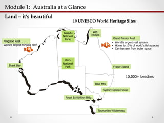 Module  1:    Australia  at  a  Glance  	
Land  –  it’s  beautiful	
10,000+ beaches
•  World’s largest reef system
•  Home to 10% of world’s fish species
•  Can be seen from outer space
World’s largest fringing reef
Kakadu
National
Parkc
Wet
Tropics
Fraser Island
Great Barrier Reef
Blue Mts
Sydney Opera House
Royal Exhibiition Bldg
Tasmanian Wilderness
Shark Bay
19  UNESCO  World  Heritage  Sites	
Uluru
National
Park
Ningaloo Reef
 