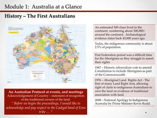 Module  1:    Australia  at  a  Glance  	
History  –  The  First  Australians	
An  estimated  500  clans  lived  in  the  
continent,  numbering  about  300,000+  
around  the  continent.    Archaeological  
evidence  dates  back  45,000  years  ago.	
Today,  the  indigenous  community  is  about  
2.5%  of  population.	
Post  Federation  period  was  a  diﬃcult  time  
for  the  Aborigines  as  they  struggle  to  assert  
their  rights	
1967  –  Historic  referendum  vote  to  amend  
Constitution  to  include  Aborigines  as  part  
of  the  Commonwealth	
1976  –  Aboriginal  Land    Rights  Act  -­‐‑  The  
ﬁrst  of  many  Land  Right  Acts,  allowing  
right  of  claim  to  indigenous  Australians  to  
own  the  land  on  evidence  of  traditional  
association  with  land.	
2008  –  National  Apology  to  Indigenous  
Australia  by  Prime  Minister  Kevin  Rudd.	
An  Australian  Protocol  at  events,  and  meetings	
Acknowledgement  of  Country  –  statement  of  recognition  
of  the  traditional  owners  of  the  land.	
“  Before  we  begin  the  proceedings,  I  would  like  to  
acknowledge  and  pay  respect  to  the  Cadigal  band  of  Eora  
tribe  …  “	
 