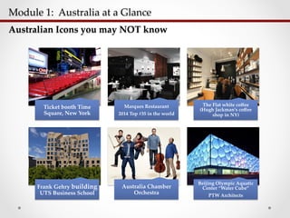 Module  1:    Australia  at  a  Glance  	
Ticket  booth  Time  
Square,  New  York	
Marques  Restaurant	
2014  Top  #35  in  the  world	
The  Flat  white  coﬀee  
(Hugh  Jackman’s  coﬀee  
shop  in  NY)	
Frank  Gehry  building  
UTS  Business  School	
Australia  Chamber  
Orchestra	
Beijing  Olympic  Aquatic  
Center  “Water  Cube”  	
PTW  Architects	
Australian  Icons  you  may  NOT  know	
 