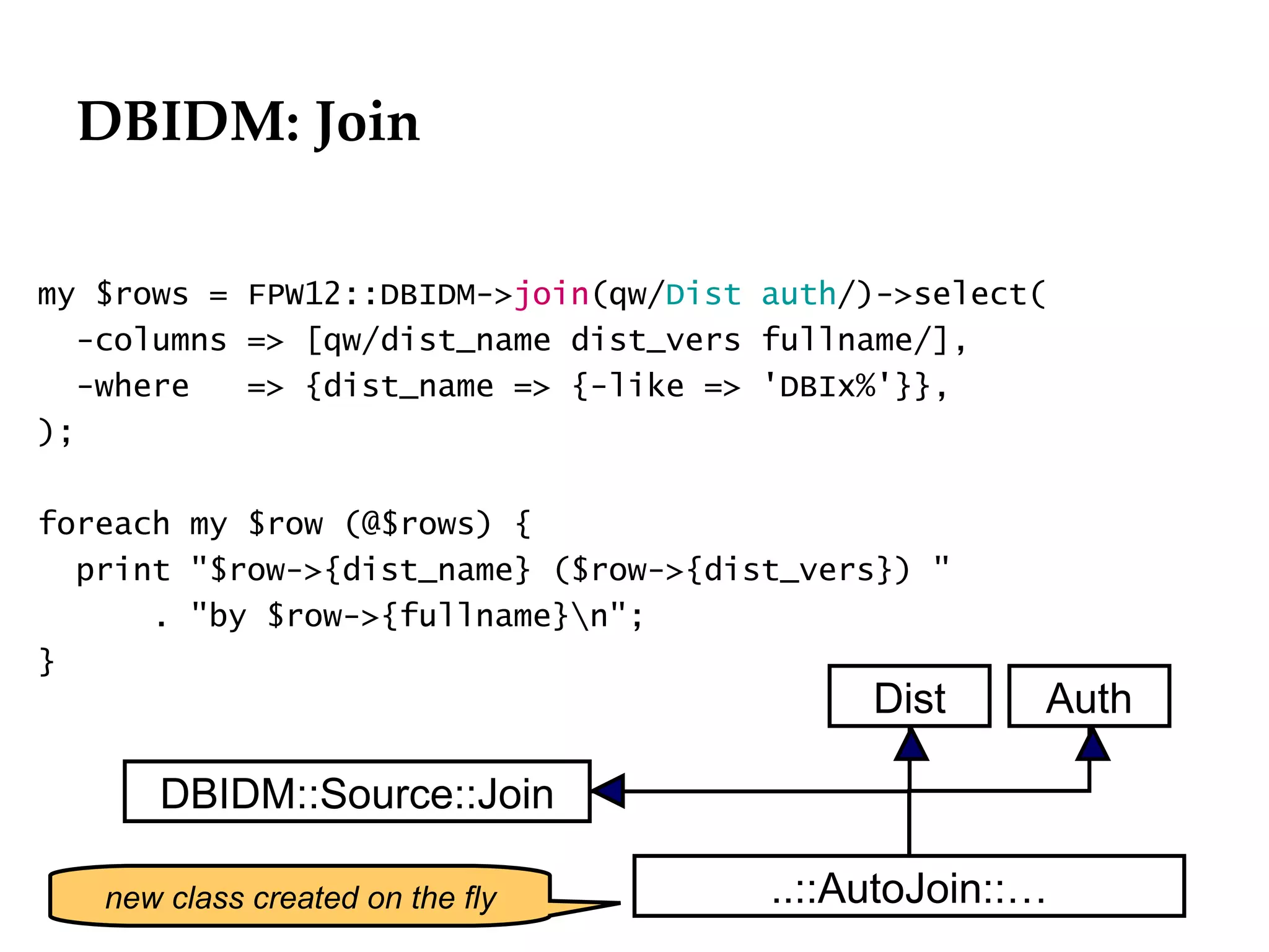 DBIDM: Join

my $rows = FPW12::DBIDM->join(qw/Dist auth/)->select(
  -columns => [qw/dist_name dist_vers fullname/],
  -where   => {dist_name => {-like => 'DBIx%'}},
);

foreach my $row (@$rows) {
  print "$row->{dist_name} ($row->{dist_vers}) "
      . "by $row->{fullname}n";
}
                                           Dist     Auth

      DBIDM::Source::Join

   new class created on the fly       ..::AutoJoin::…
 