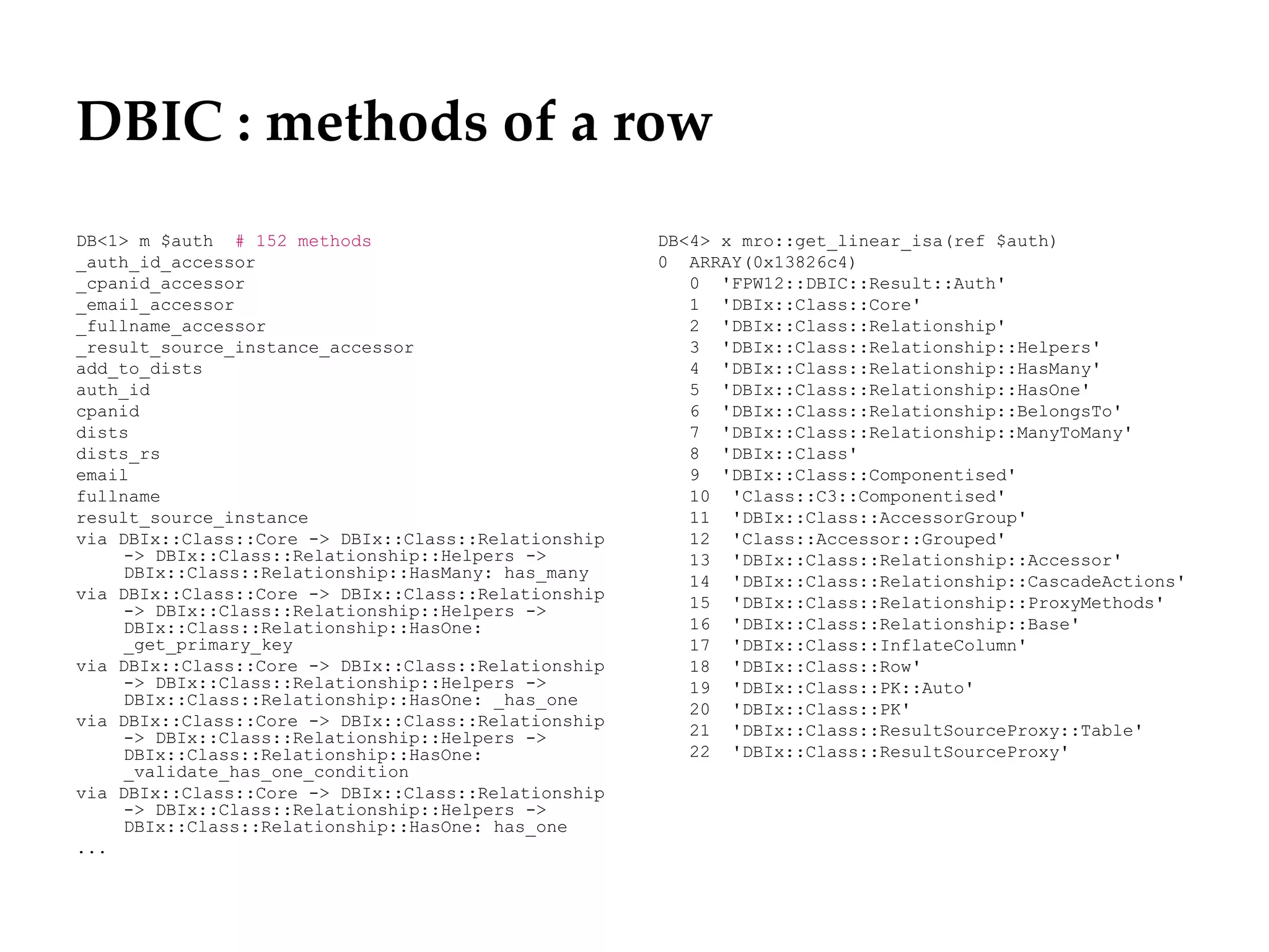 DBIC : methods of a row
DB<1> m $auth # 152 methods                          DB<4> x mro::get_linear_isa(ref $auth)
_auth_id_accessor                                    0 ARRAY(0x13826c4)
_cpanid_accessor                                        0 'FPW12::DBIC::Result::Auth'
_email_accessor                                         1 'DBIx::Class::Core'
_fullname_accessor                                      2 'DBIx::Class::Relationship'
_result_source_instance_accessor                        3 'DBIx::Class::Relationship::Helpers'
add_to_dists                                            4 'DBIx::Class::Relationship::HasMany'
auth_id                                                 5 'DBIx::Class::Relationship::HasOne'
cpanid                                                  6 'DBIx::Class::Relationship::BelongsTo'
dists                                                   7 'DBIx::Class::Relationship::ManyToMany'
dists_rs                                                8 'DBIx::Class'
email                                                   9 'DBIx::Class::Componentised'
fullname                                                10 'Class::C3::Componentised'
result_source_instance                                  11 'DBIx::Class::AccessorGroup'
via DBIx::Class::Core -> DBIx::Class::Relationship      12 'Class::Accessor::Grouped'
     -> DBIx::Class::Relationship::Helpers ->           13 'DBIx::Class::Relationship::Accessor'
     DBIx::Class::Relationship::HasMany: has_many       14 'DBIx::Class::Relationship::CascadeActions'
via DBIx::Class::Core -> DBIx::Class::Relationship
     -> DBIx::Class::Relationship::Helpers ->           15 'DBIx::Class::Relationship::ProxyMethods'
     DBIx::Class::Relationship::HasOne:                 16 'DBIx::Class::Relationship::Base'
     _get_primary_key                                   17 'DBIx::Class::InflateColumn'
via DBIx::Class::Core -> DBIx::Class::Relationship      18 'DBIx::Class::Row'
     -> DBIx::Class::Relationship::Helpers ->           19 'DBIx::Class::PK::Auto'
     DBIx::Class::Relationship::HasOne: _has_one
                                                        20 'DBIx::Class::PK'
via DBIx::Class::Core -> DBIx::Class::Relationship
     -> DBIx::Class::Relationship::Helpers ->           21 'DBIx::Class::ResultSourceProxy::Table'
     DBIx::Class::Relationship::HasOne:                 22 'DBIx::Class::ResultSourceProxy'
     _validate_has_one_condition
via DBIx::Class::Core -> DBIx::Class::Relationship
     -> DBIx::Class::Relationship::Helpers ->
     DBIx::Class::Relationship::HasOne: has_one
...
 