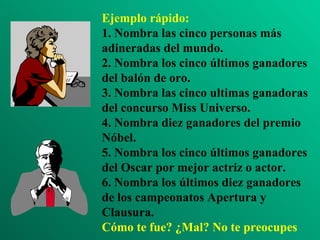 Ejemplo rápido: 1. Nombra las cinco personas más adineradas del mundo. 2. Nombra los cinco últimos ganadores del balón de oro. 3. Nombra las cinco ultimas ganadoras del concurso Miss Universo. 4. Nombra diez ganadores del premio Nóbel. 5. Nombra los cinco últimos ganadores del Oscar por mejor actriz o actor. 6. Nombra los últimos diez ganadores de los campeonatos Apertura y Clausura. Cómo te fue? ¿Mal? No te preocupes 