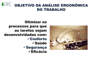 OBJETIVO DA ANÁLISE ERGONÔMICA
              DO TRABALHO


           Otimizar os
  processos para que
     as tarefas sejam
desenvolvidadas com:
            Conforto
              Saúde
          Segurança
            Eficácia
 