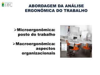 ABORDAGEM DA ANÁLISE
     ERGONÔMICA DO TRABALHO



Microergonômica:
 posto do trabalho

Macroergonômica:
         aspectos
   organizacionais
 