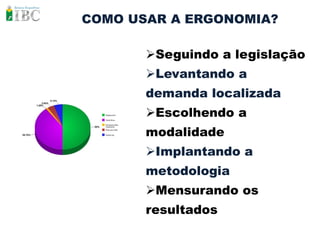 COMO USAR A ERGONOMIA?

       Seguindo a legislação
       Levantando a
       demanda localizada
       Escolhendo a
       modalidade
       Implantando a
       metodologia
       Mensurando os
       resultados
 
