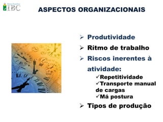 ASPECTOS ORGANIZACIONAIS



          Produtividade
          Rítmo de trabalho
          Riscos inerentes à
           atividade:
             Repetitividade
             Transporte manual
             de cargas
             Má postura
          Tipos de produção
 