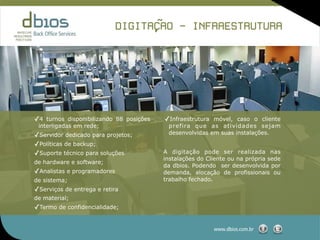 ˜
                                  DIGITACAO - INFRAESTRUTURA
                                        ,


A dbios vem investindo desde 1991
no aprimoramento da qualidade de seus
serviços, tendo adquirido vasta experiência
na prestação de serviços nas áreas de:

✓Gestão de dados - digitação, digitalização
e tratamento de dados

    ✓3 de TI suporte técnico 114 posições
✓Gestão turnos- disponibilizando de software     ✓Infraestrutura móvel, caso o cliente
      interligadas em rede;
e hardware, configuração de redes, segurança      prefira que as atividades sejam
(SONICWALL) dedicado para projetos;
     ✓Servidor                                    desenvolvidas em suas instalações.

    ✓Políticas de backup;
✓Gestão de pessoas - alocação de profissionais
    ✓Suporte técnico para soluções               A digitação pode ser realizada nas
                                                 instalações do Cliente ou na própria sede
     de hardware e software;
                                                 da dbios. Podendo ser desenvolvida por
     ✓Analistas e programadores                  demanda, alocação de profissionais ou
     de sistema;                                 trabalho fechado.
     ✓Serviços de entrega e retira
     de material;
     ✓Termo de confidencialidade;


                                                                  www.dbios.com.br
 