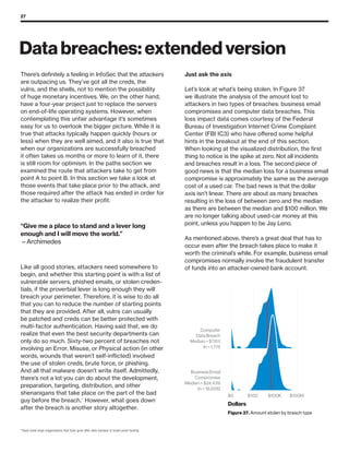 27
13
Save some large organizations that have gone after dark markets or bullet-proof hosting
There’s definitely a feeling in InfoSec that the attackers
are outpacing us. They’ve got all the creds, the
vulns, and the shells, not to mention the possibility
of huge monetary incentives. We, on the other hand,
have a four-year project just to replace the servers
on end-of-life operating systems. However, when
contemplating this unfair advantage it’s sometimes
easy for us to overlook the bigger picture. While it is
true that attacks typically happen quickly (hours or
less) when they are well aimed, and it also is true that
when our organizations are successfully breached
it often takes us months or more to learn of it, there
is still room for optimism. In the paths section we
examined the route that attackers take to get from
point A to point B. In this section we take a look at
those events that take place prior to the attack, and
those required after the attack has ended in order for
the attacker to realize their profit.
Like all good stories, attackers need somewhere to
begin, and whether this starting point is with a list of
vulnerable servers, phished emails, or stolen creden-
tials, if the proverbial lever is long enough they will
breach your perimeter. Therefore, it is wise to do all
that you can to reduce the number of starting points
that they are provided. After all, vulns can usually
be patched and creds can be better protected with
multi-factor authentication. Having said that, we do
realize that even the best security departments can
only do so much. Sixty-two percent of breaches not
involving an Error, Misuse, or Physical action (in other
words, wounds that weren’t self-inflicted) involved
the use of stolen creds, brute force, or phishing.
And all that malware doesn’t write itself. Admittedly,
there’s not a lot you can do about the development,
preparation, targeting, distribution, and other
shenanigans that take place on the part of the bad
guy before the breach.13
However, what goes down
after the breach is another story altogether.
Just ask the axis
Let’s look at what’s being stolen. In Figure 37
we illustrate the analysis of the amount lost to
attackers in two types of breaches: business email
compromises and computer data breaches. This
loss impact data comes courtesy of the Federal
Bureau of Investigation Internet Crime Complaint
Center (FBI IC3) who have offered some helpful
hints in the breakout at the end of this section.
When looking at the visualized distribution, the first
thing to notice is the spike at zero. Not all incidents
and breaches result in a loss. The second piece of
good news is that the median loss for a business email
compromise is approximately the same as the average
cost of a used car. The bad news is that the dollar
axis isn’t linear. There are about as many breaches
resulting in the loss of between zero and the median
as there are between the median and $100 million. We
are no longer talking about used-car money at this
point, unless you happen to be Jay Leno.
As mentioned above, there’s a great deal that has to
occur even after the breach takes place to make it
worth the criminal’s while. For example, business email
compromises normally involve the fraudulent transfer
of funds into an attacker-owned bank account.
Business Email
Compromise
Median = $24,439
(n = 18,606)
Computer
Data Breach
Median = $7,611
(n = 1,711)
$0 $100 $100K $100M
Dollars
Figure 37. Amount stolen by breach type
Data breaches: extended version
“Give me a place to stand and a lever long
enough and I will move the world.”
—Archimedes
 