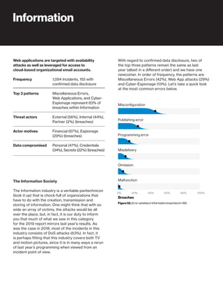 46
The Information Society
The Information industry is a veritable pantechnicon
(look it up) that is chock-full of organizations that
have to do with the creation, transmission and
storing of information. One might think that with so
wide an array of victims, the attacks would be all
over the place, but, in fact, it is our duty to inform
you that much of what we saw in this category
for the 2019 report mirrors last year’s results. As
was the case in 2018, most of the incidents in this
industry consists of DoS attacks (63%). In fact, it
is perhaps fitting that this industry covers both TV
and motion pictures, since it is in many ways a rerun
of last year’s programming when viewed from an
incident point of view.
Web applications are targeted with availability
attacks as well as leveraged for access to
cloud-based organizational email accounts.
Frequency
Top 3 patterns
Threat actors
Actor motives
Data compromised
1,094 Incidents, 155 with
confirmed data disclosure
Miscellaneous Errors,
Web Applications, and Cyber-
Espionage represent 83% of
breaches within Information
External (56%), Internal (44%),
Partner (2%) (breaches)
Financial (67%), Espionage
(29%) (breaches)
Personal (47%), Credentials
(34%), Secrets (22%) (breaches)
Information
Malfunction
Omission
Misdelivery
Programming error
Publishing error
Misconﬁguration
Breaches
Figure 52. Error varieties in Information breaches (n=66)
0% 20% 40% 60% 80% 100%
With regard to confirmed data disclosure, two of
the top three patterns remain the same as last
year (albeit in a different order) and we have one
newcomer. In order of frequency, the patterns are
Miscellaneous Errors (42%), Web App attacks (29%)
and Cyber-Espionage (13%). Let’s take a quick look
at the most common errors below.
 