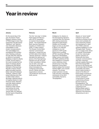 62
January
On the second day of the
year, the Verizon Threat
Research Advisory Center
(VTRAC) began to learn that
researchers had discovered
“Meltdown” and “Spectre,”
new information disclosure
vulnerabilities in most
modern microprocessors.
The vulnerabilities lie in
foundational CPU architec-
tures. Patching continued
through 2018. We collected
no reports of successful
Meltdown or Spectre attacks
in 2018. The first week of
the month included the first
report of malware attacks
targeting the 2018 Winter
Olympics in Pyeongchang,
Republic of Korea. Investi-
gative journalists reported
India’s national ID database,
“Aadhaar,” suffered a data
breach affecting more than
1.2 billion Indian citizens.
We began collecting reports
of targeted attacks on Latin
American banks. Attackers
used disk wiping malware,
probably to eliminate
evidence of their actions
and minimize the scale
of the banks’ losses. On
January 26th, we collected
the first report of GandCrab
ransomware.
February
The first “zero-day” in Adobe
Flash kicked off February
after APT37 embedded
an exploit in Excel spread-
sheets. The Punjab National
Bank reported fraudulent
transfers of ₹11,600 crore
(USD 1.77 billion dollars).
The Russian Central Bank
reported “unsanctioned
operations” caused the loss
of ₽339 million (€4.8 million).
“Olympic Destroyer” malware
disrupted the opening cer-
emony of the Pyeongchang
Olympics but did not result
in their cancellation. GitHub
was hit with a new type
of reflection denial of service
attack leveraging mis-
configured memcached
servers. GitHub and other
organizations endured
1.35-terabit-per-second junk
traffic storms.
March
Intelligence for attacks on
the Pyeongchang Olympics
continued after the February
25th closing ceremonies.
Operations Gold Dragon,
HaoBao and Honeybee
began as early as July 2017.
In March, we collected
intelligence on a full
spectrum of APT-grade
threat actors including
APT28, menuPass (APT10),
Patchwork, MuddyWater,
OilRig, Lazarus and Cobalt.
US-CERT published 15 files
with intelligence on Russian
actors attacking critical
infrastructure in the USA.
Malaysia’s Central Bank
foiled an attack that involved
falsified SWIFT wire-transfer
requests. The Drupal
project patched a remote
code execution vulnerability
reminiscent of the 2014
vulnerability that led to
“Drupalgeddon.”
April
Attacks on “smart install”
software in Cisco IOS
switches by Russian threat
actors were probably the
most noteworthy InfoSec
risk development in April.
The VTRAC collected
updated intelligence on the
“Energetic Bear” Russian
actor. A supply-chain attack
on Latitude Technologies
forced four natural-gas
pipeline operators to
temporarily shut down
computer communications
with their customers.
Latitude supplies Electronic
Data Interchange (EDI)
services to the Energy and
Oil verticals. March’s Drupal
vulnerability did indeed
attract cybercriminals. A
variant of the Mirai IoT
botnet began scanning for
vulnerable Drupal servers
and the subsequent
compromises to install
cryptomining software
became known as
Drupalgeddon2. The
cyber-heist of US$150,000
in Ethereum from
MyEtherWallet paled in
significance to the BGP
hijacking of the Internet’s
infrastructure to do it.
Year in review
 