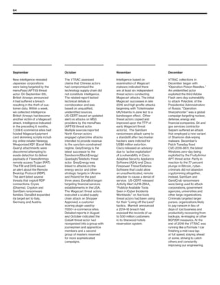 64
September
New intelligence revealed
Japanese corporations
were being targeted by the
menuPass (APT10) threat
actor. On September 6th,
British Airways announced
it had suffered a breach
resulting in the theft of cus-
tomer data. Within a week,
we collected intelligence
British Airways had become
another victim of a Magecart
attack. Intelligence indicated
in the preceding 6 months,
7,339 E-commerce sites had
hosted Magecart payment
card skimming scripts includ-
ing online retailer Newegg.
Weaponized IQY (Excel Web
Query) attachments were
discovered attempting to
evade detection to deliver
payloads of FlawedAmmyy
remote access Trojan (RAT).
The FBI and DHS issued
an alert about the Remote
Desktop Protocol (RDP).
The alert listed several
threats that exploit RDP
connections: Crysis
(Dharma), Crypton and
SamSam ransomware
families. DanaBot expanded
its target set to Italy,
Germany and Austria.
October
The VTRAC assessed
claims that Chinese actors
had compromised the
technology supply chain did
not constitute intelligence.
The related report lacked
technical details or
corroboration and was
based on unqualified,
unidentified sources.
US-CERT issued an updated
alert on attacks on MSS
providers by the menuPass
(APT10) threat actor.
Multiple sources reported
North Korean actors
engaged cybercrime attacks
intended to provide revenue
to the sanction-constrained
regime. GreyEnergy is the
latest successor to the
Sandworm/BlackEnergy/
Quedagh/Telebots threat
actor. GreyEnergy was
linked to attacks on the
energy sector and other
strategic targets in Ukraine
and Poland for the past
three years. DanaBot began
targeting financial services
establishments in the USA.
The Magecart threat actors
executed a scaled supply
chain attack on Shopper
Approved, a customer
scoring plugin used by
7000+ e-commerce sites.
Detailed reports in August
and October indicated the
Cobalt threat actor had
reorganized into a group with
journeymen and apprentice
members and a second
group of masters reserved
for more sophisticated
campaigns.
November
Intelligence based on
examination of Magecart
malware indicated there
are at least six independent
threat actors conducting
Magecart attacks. The initial
Magecart successes in late
2016 and high-profile attacks
beginning with Ticketmaster
UK/Inbenta in June led to a
bandwagon effect. Other
threat actors copied and
improved upon the TTP of
early Magecart threat
actor(s). The SamSam
ransomware attack came to
a standstill after two Iranian
hackers were indicted for
US$6 million extortion.
Cisco released an advisory
due to “active exploitation”
of a vulnerability in Cisco
Adaptive Security Appliance
Software (ASA) and Cisco
Firepower Threat Defense
Software that could allow
an unauthenticated, remote
attacker to cause a denial of
service. US-CERT released
Activity Alert AA18-284A,
“Publicly Available Tools
Seen in Cyber Incidents
Worldwide,” on five tools
threat actors had been using
for their “Living off the Land”
tactics. Marriott announced
a 2014-18 breach had
exposed the records of up
to 500 million customers
in its Starwood hotels
reservation system.
December
VTRAC collections in
December began with
“Operation Poison Needles.”
An unidentified actor
exploited the third Adobe
Flash zero-day vulnerability
to attack Polyclinic of the
Presidential Administration
of Russia. “Operation
Sharpshooter” was a global
campaign targeting nuclear,
defense, energy and
financial companies. Oil and
gas services contractor
Saipem suffered an attack
that employed a new variant
of Shamoon disk-wiping
malware. December’s
Patch Tuesday fixed
CVE-2018-8611, the latest
Windows zero-day being
exploited by the FruityArmor
APT threat actor. Partly in
reaction to the 77 percent
plunge in Bitcoin, cyber-
criminals did not abandon
cryptomining altogether,
instead, SamSam and
GandCrab ransomware
were being used to attack
corporations, government
agencies, universities and
other large organizations.
Criminals targeted larger
purses: organizations likely
to pay ransom in lieu of
days of lost business and
productivity recovering from
backups, re-imaging or other
BCP/DR measures. At the
end of 2018 the VTRAC was
running like a Formula 1 car
finishing a mid-race lap:
at full speed, staying ahead
of some, striving to catch
others and constantly
improving our engineering.
 