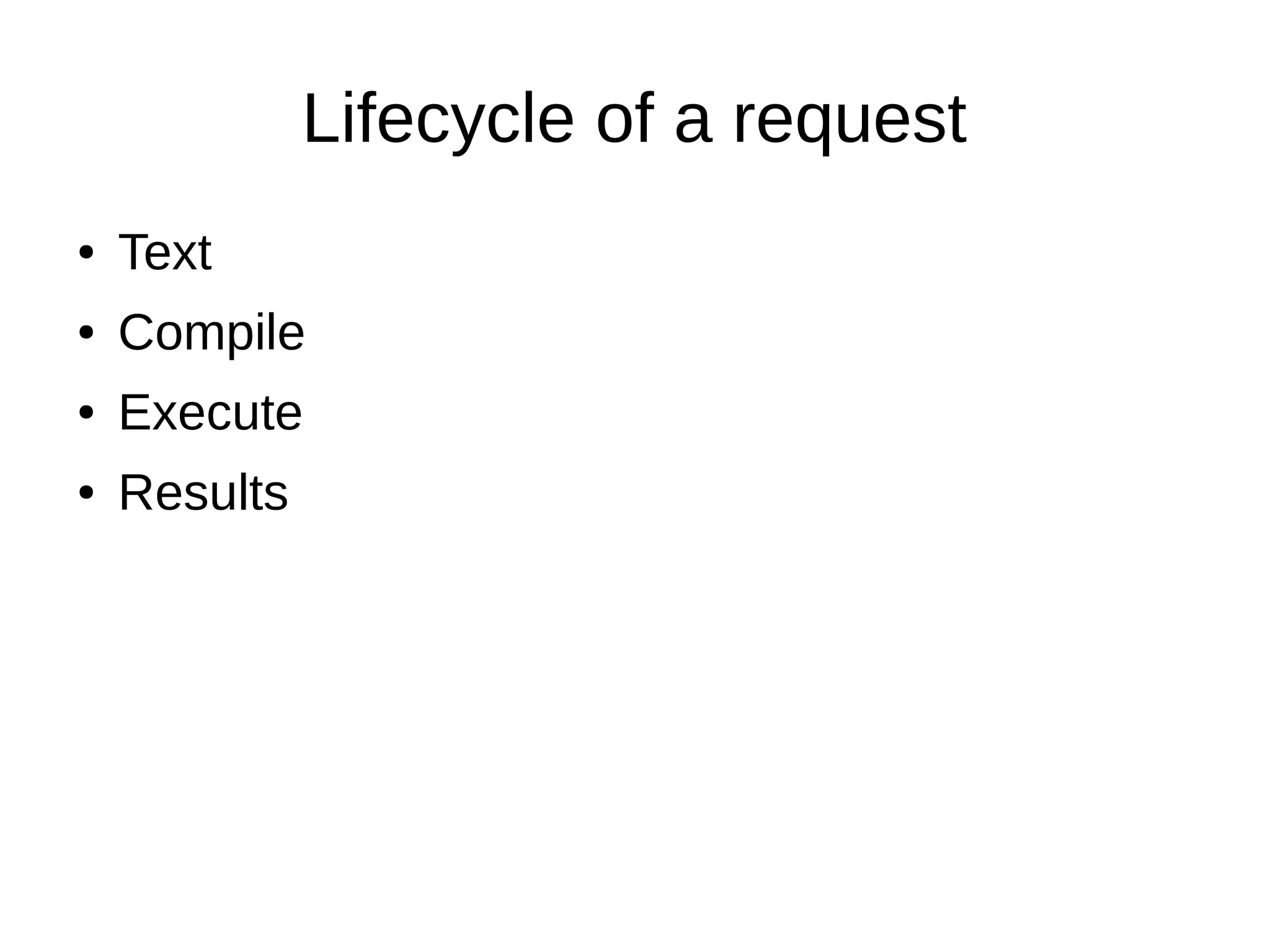 Lifecycle of a request
● Text
● Compile
● Execute
● Results
 