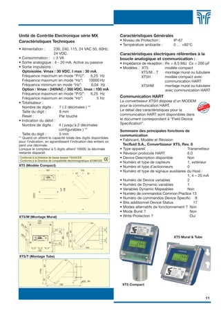 FLOMID FR   6/11/07                17:36     Page 11




            Unité de Contrôle Electronique série MX                                        Caractéristiques Générales
            Caractéristiques Techniques                                                    • Niveau de Protection :       IP-67
                                                                                           • Température ambiante :       0 … +60°C
            • Alimentation :        230, 240, 115, 24 VAC 50, 60Hz.
                                    24 VDC.                                                Caractéristiques électriques référentes à la
            •   Consommation : ≤ 5 VA                                                      boucle analogique et communication :
            •   Sortie analogique : 4 - 20 mA. Active ou passive                           • Impédance de réception : Rx > 8,5 M Cx < 200 pF
            •   Sortie impulsions :                                                        • Modèles : XT5            modèle compact
                Optoisolée. Vmax : 30 VDC. I max : 30 mA.                                              XT5/M…T        montage mural ou tubulaire
                Fréquence maximum en mode “P/U”:            6,25 Hz                                    XT5H           modèle compact avec
                Fréquence maximum en mode “Hz”:           10000 Hz                                                    communication HART
                Fréquence minimum en mode “Hz”:             0,04 Hz                                    XT5HM          montage mural ou tubulaire
                Option : Vmax : 240VAC / 350 VDC. Imax : 100 mA                                                       avec communication HART
                Fréquence maximum en mode “P/U”:            6,25 Hz
                Fréquence maximum en mode “Hz”:                5 Hz                        Communication HART
            •   Totalisateur :                                                             Le convertisseur XT5H dispose d’un MODEM
                Nombre de digits :     7 ( 2 décimales ) **                                pour la communication HART.
                Taille du digit :      8 mm                                                Le détail des caractéristiques pour la
                Reset :                Par touche                                          communication HART sont disponibles dans
            •   Indication du débit :                                                      le document correspondant à “Field Device
                Nombre de digits :     4 ( jusqu’à 2 décimales                             Specification”.
                                       configurables ) **                                  Sommaire des principales fonctions de
                Taille du digit :      5 mm                                                communication
            ** Quand on atteint la capacité totale des digits disponibles
            pour l’indication, en agrandissant l’indication des entiers on                 • Fabricant, Modèle et Révision
            perd une décimale.                                                               Tecfluid S.A., Convertisseur XT5, Rev. 0
            Lorsque le compteur à 5 digits atteint 10000, la décimale                      • Type appareil                         Transmetteur
            restante disparaît.                                                            • Révision protocole HART               6.0
            Conforme à la Directive de basse tension 73/23/CEE                             • Device Description disponible         Non
            Conforme à la Directive de compatibilité électromagnétique 9/336/CEE
                                                                                           • Numéro et type de capteurs            1, extérieur
            XT5 (Modèle Compact)                                                           • Numéro et type d’actionneurs          0
                                           107                            118
                                                                     57
                                                                                           • Numéro et type de signaux auxiliaires du Host :
                                                                                 61
                                                                                                                                   1, 4 – 20 mA
                                                                                           • Numéro de Device variables            2
                                                                                           • Numéro de Dynamic variables           1
                                                                                           • Variables Dynamic Mapeables           Non
                                                  147
                                                  198




                                                                                           • Numéro de commandos Common Practice 13
                           (202)




                                                                                           • Numéro de commandos Device Specific 8
                                                                                           • Bits additionnel Device Status            17
                                                                                           • Modes alternatifs de fonctionnement ? Non
                                                                                           • Mode Burst ?                            Non
            XT5/M (Montage Mural)                                                          • Write Protection ?                      Oui
                                   120
                R3
                     ,25
                                   107
                                                                                      11
                                                 11




                                                                61




                R6
                                                  24




                  ,5
                                                            (118)




                                                                                                                          XT5 Mural & Tube
                                                      80




                                                                                      11
                                                              57
                                                  24
                                                 11




                                                                                144
                                   120

            XT5/T (Montage Tube)
                                      61
                                   (118)




                                                                          ø50...80
                                     57




                                                      190                                   XT5 Compact



                                                                                                                                             11
 