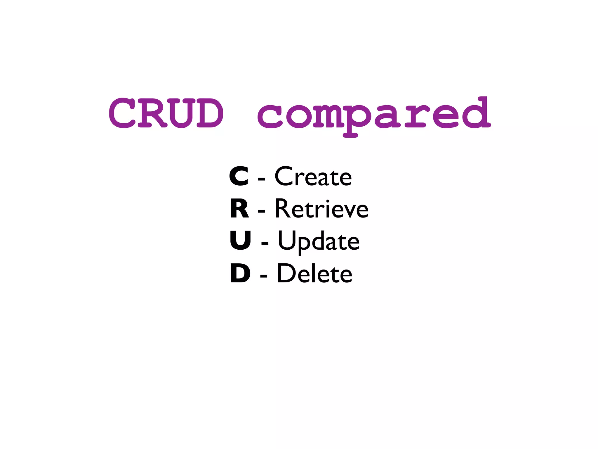 CRUD compared
    C - Create
    R - Retrieve
    U - Update
    D - Delete
 