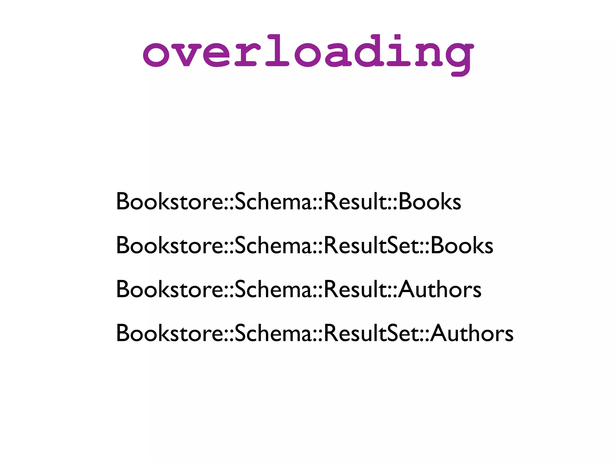 overloading

Bookstore::Schema::Result::Books
Bookstore::Schema::ResultSet::Books
Bookstore::Schema::Result::Authors
Bookstore::Schema::ResultSet::Authors
 