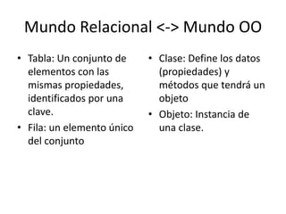 Mundo Relacional <-> Mundo OO
• Tabla: Un conjunto de     • Clase: Define los datos
  elementos con las           (propiedades) y
  mismas propiedades,         métodos que tendrá un
  identificados por una       objeto
  clave.                    • Objeto: Instancia de
• Fila: un elemento único     una clase.
  del conjunto
 