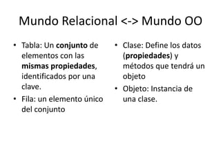 Mundo Relacional <-> Mundo OO
• Tabla: Un conjunto de     • Clase: Define los datos
  elementos con las           (propiedades) y
  mismas propiedades,         métodos que tendrá un
  identificados por una       objeto
  clave.                    • Objeto: Instancia de
• Fila: un elemento único     una clase.
  del conjunto
 