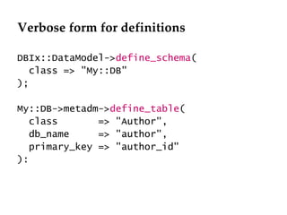 Verbose form for definitions DBIx::DataModel-> define_schema ( class => "My::DB" ); My::DB->metadm-> define_table ( class  => "Author", db_name  => "author", primary_key => "author_id" ): 