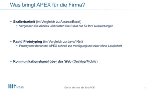  Skalierbarkeit & Sicherheit (im Vergleich zu Access/Excel)
 Vergessen Sie Access und nutzen Sie Excel nur für Ihre Auswertungen
 Rapid Prototyping (im Vergleich zu Java/.Net)
 Prototypen stehen mit APEX schnell zur Verfügung und zwar ohne Lastenheft
 Kommunikationskanal über das Web (Desktop/Mobile)
17
Was bringt APEX für die Firma?
Ein für alle und alle für APEX!
 