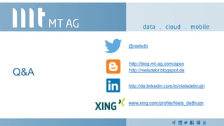 Q&A
@nielsdb
http://nielsdebr.blogspot.de
http://de.linkedin.com/in/nielsdebruijn
www.xing.com/profile/Niels_deBruijn
http://blog.mt-ag.com/apex
 