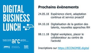 24.05.18 Expérience client, adaptation
continue et service proactif
04.10.18 Digitalisation de la gestion des
talents, nouvelles approches RH
08.11.18 Digital workplace, placer le
collaborateur au centre de
l’activité
Inscriptions sur https://ECONOMIE.digital
Prochains évènements
 