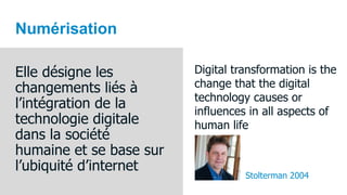 Numérisation
Elle désigne les
changements liés à
l’intégration de la
technologie digitale
dans la société
humaine et se base sur
l’ubiquité d’internet
Digital transformation is the
change that the digital
technology causes or
influences in all aspects of
human life
Stolterman 2004
 