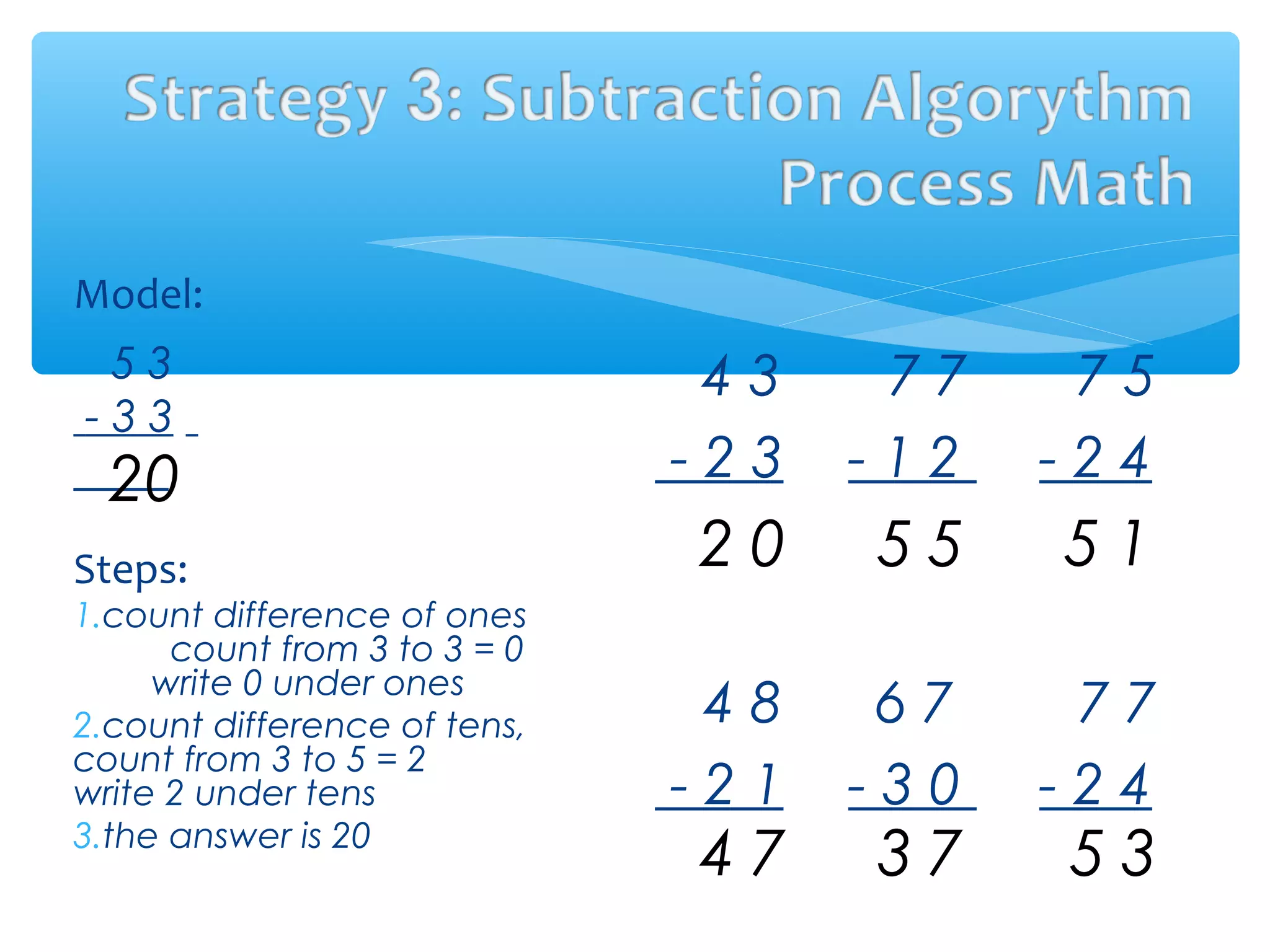 4 3 7 7 7 5
- 2 3 - 1 2 - 2 4
4 8 6 7 7 7
- 2 1 - 3 0 - 2 4
Model:
5 3
- 3 3
Steps:
1.count difference of ones
count from 3 to 3 = 0
write 0 under ones
2.count difference of tens,
count from 3 to 5 = 2
write 2 under tens
3.the answer is 20
02
02 55 15
74 73 35
 