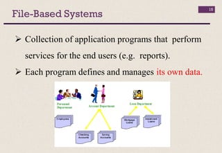 File-Based Systems
 Collection of application programs that perform
services for the end users (e.g. reports).
 Each program defines and manages its own data.
15
 