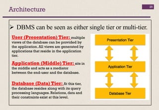 Architecture
25
 DBMS can be seen as either single tier or multi-tier.
Database (Data) Tier: At this tier,
the database resides along with its query
processing languages. Relations, data and
their constraints exist at this level.
Application (Middle) Tier: sits in
the middle and acts as a mediator
between the end-user and the database.
User (Presentation) Tier: multiple
views of the database can be provided by
the application.All views are generated by
applications that reside in the application
tier.
 