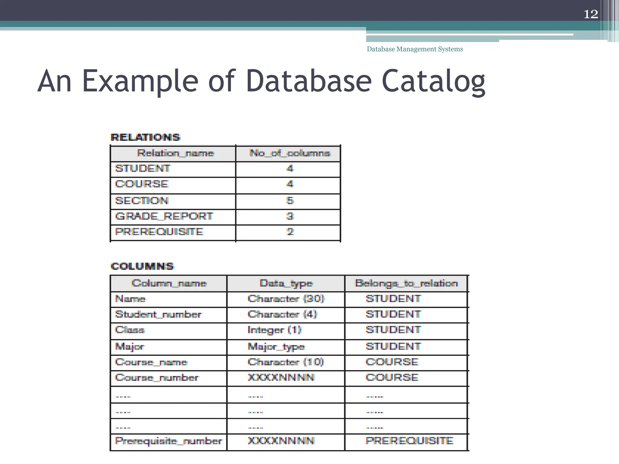 12
Database Management Systems
An Example of Database Catalog
 