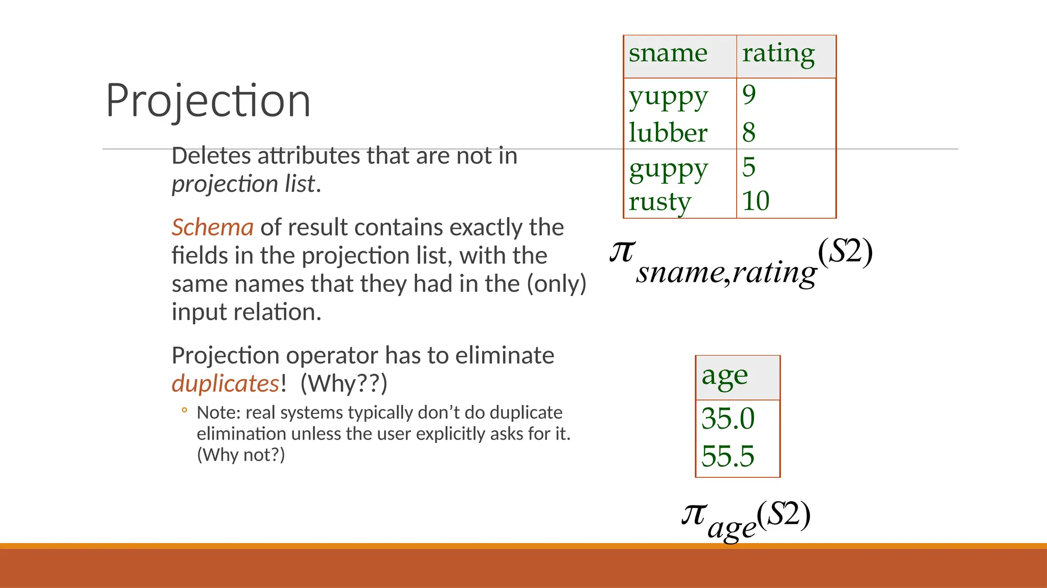 Projection
Deletes attributes that are not in
projection list.
Schema of result contains exactly the
fields in the projection list, with the
same names that they had in the (only)
input relation.
Projection operator has to eliminate
duplicates! (Why??)
◦ Note: real systems typically don’t do duplicate
elimination unless the user explicitly asks for it.
(Why not?)
sname rating
yuppy 9
lubber 8
guppy 5
rusty 10
sname rating
S
,
( )
2
age
35.0
55.5
age S
( )
2
 
