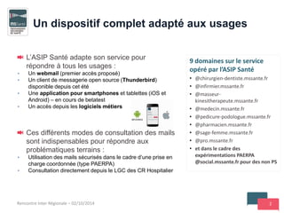 2
Un dispositif complet adapté aux usages
L’ASIP Santé adapte son service pour
répondre à tous les usages :
• Un webmail (premier accès proposé)
• Un client de messagerie open source (Thunderbird)
disponible depuis cet été
• Une application pour smartphones et tablettes (iOS et
Android) – en cours de betatest
• Un accès depuis les logiciels métiers
Ces différents modes de consultation des mails
sont indispensables pour répondre aux
problématiques terrains :
• Utilisation des mails sécurisés dans le cadre d’une prise en
charge coordonnée (type PAERPA)
• Consultation directement depuis le LGC des CR Hospitalier
9 domaines sur le service
opéré par l’ASIP Santé
• @chirurgien-dentiste.mssante.fr
• @infirmier.mssante.fr
• @masseur-
kinesitherapeute.mssante.fr
• @medecin.mssante.fr
• @pedicure-podologue.mssante.fr
• @pharmacien.mssante.fr
• @sage-femme.mssante.fr
• @pro.mssante.fr
• et dans le cadre des
expérimentations PAERPA
@social.mssante.fr pour des non PS
Rencontre Inter Régionale – 02/10/2014
 