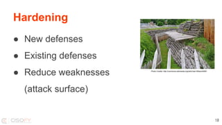 Hardening
● New defenses
● Existing defenses
● Reduce weaknesses
(attack surface)
18
Photo Credits: http://commons.wikimedia.org/wiki/User:Wilson44691
 