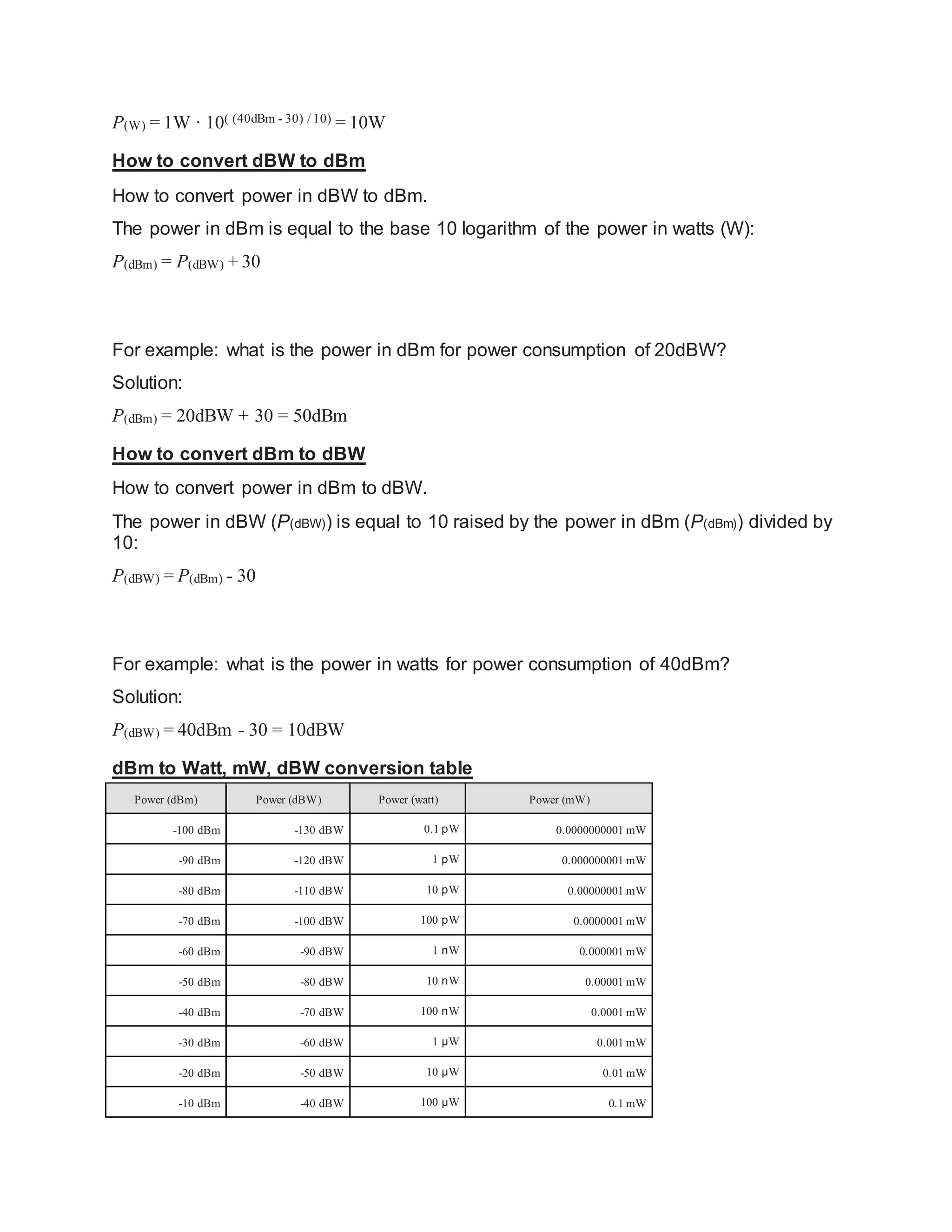 P(W) = 1W · 10( (40dBm - 30) / 10) = 10W
How to convert dBW to dBm
How to convert power in dBW to dBm.
The power in dBm is equal to the base 10 logarithm of the power in watts (W):
P(dBm) = P(dBW) + 30
For example: what is the power in dBm for power consumption of 20dBW?
Solution:
P(dBm) = 20dBW + 30 = 50dBm
How to convert dBm to dBW
How to convert power in dBm to dBW.
The power in dBW (P(dBW)) is equal to 10 raised by the power in dBm (P(dBm)) divided by
10:
P(dBW) = P(dBm) - 30
For example: what is the power in watts for power consumption of 40dBm?
Solution:
P(dBW) = 40dBm - 30 = 10dBW
dBm to Watt, mW, dBW conversion table
Power (dBm) Power (dBW) Power (watt) Power (mW)
-100 dBm -130 dBW 0.1 pW 0.0000000001 mW
-90 dBm -120 dBW 1 pW 0.000000001 mW
-80 dBm -110 dBW 10 pW 0.00000001 mW
-70 dBm -100 dBW 100 pW 0.0000001 mW
-60 dBm -90 dBW 1 nW 0.000001 mW
-50 dBm -80 dBW 10 nW 0.00001 mW
-40 dBm -70 dBW 100 nW 0.0001 mW
-30 dBm -60 dBW 1 μW 0.001 mW
-20 dBm -50 dBW 10 μW 0.01 mW
-10 dBm -40 dBW 100 μW 0.1 mW
 